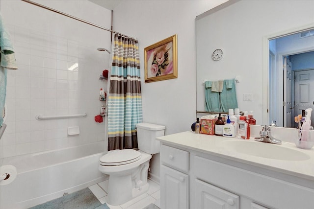 bathroom with tile patterned flooring, visible vents, toilet, vanity, and shower / bathtub combination with curtain