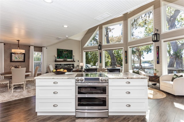 kitchen featuring light stone counters, dark wood-style floors, double oven range, white cabinets, and open floor plan