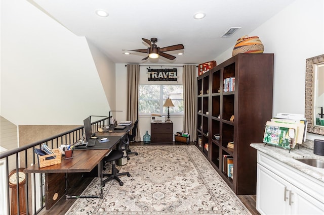 home office with visible vents, recessed lighting, and a ceiling fan