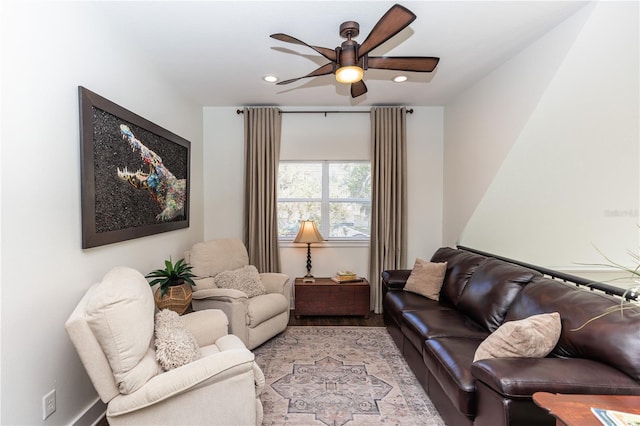 living room with recessed lighting, wood finished floors, and ceiling fan