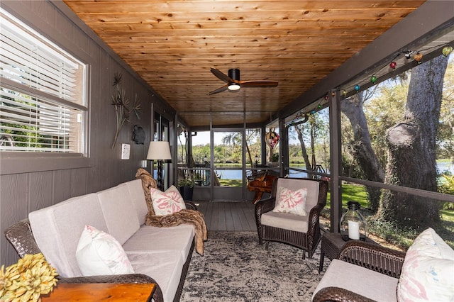 sunroom / solarium featuring wood ceiling and a ceiling fan