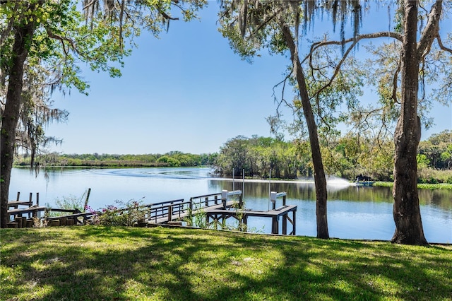 dock area with a water view and a lawn