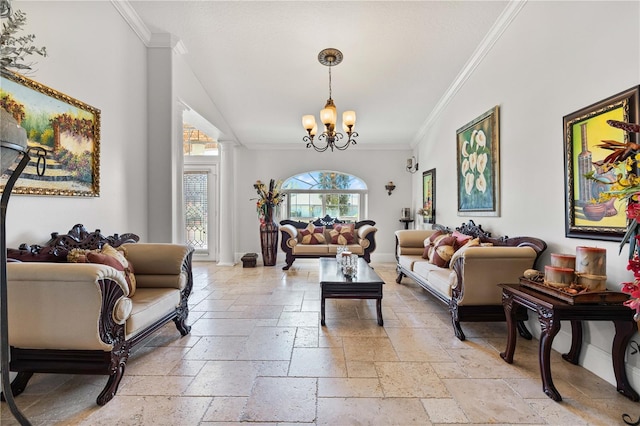 living room with crown molding, a notable chandelier, baseboards, and stone tile flooring