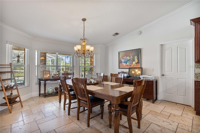 dining area featuring stone tile floors, visible vents, baseboards, an inviting chandelier, and ornamental molding
