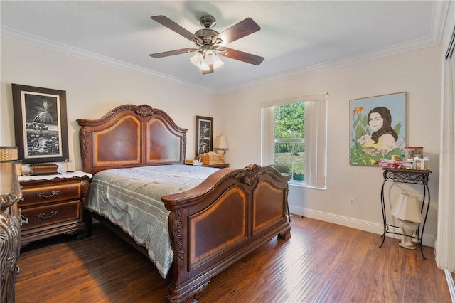 bedroom with ceiling fan, baseboards, ornamental molding, and dark wood-style flooring