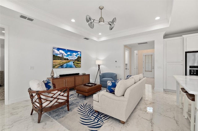 living room with a raised ceiling, visible vents, marble finish floor, and ornamental molding