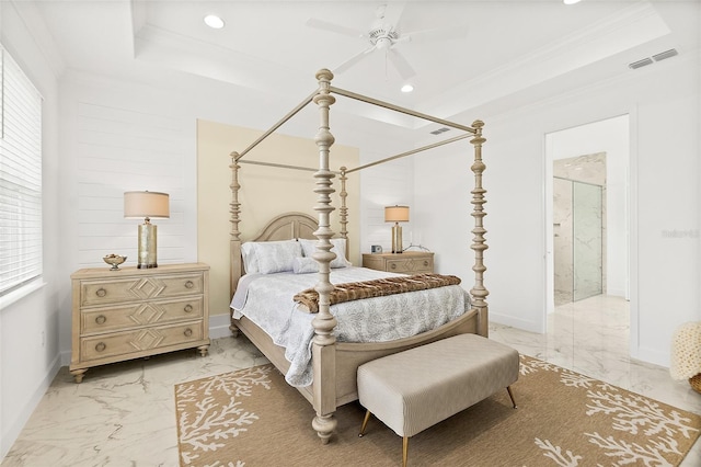 bedroom featuring visible vents, multiple windows, marble finish floor, and ornamental molding