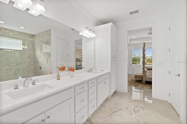 bathroom with visible vents, a marble finish shower, a sink, ensuite bathroom, and marble finish floor