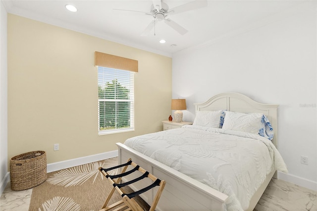 bedroom with recessed lighting, baseboards, marble finish floor, and ornamental molding