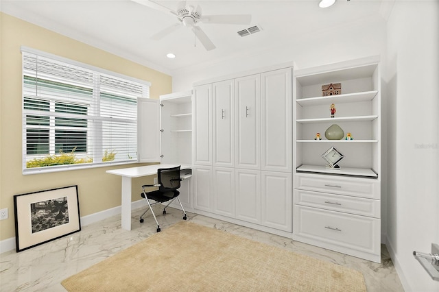 office area with visible vents, baseboards, ornamental molding, marble finish floor, and a ceiling fan