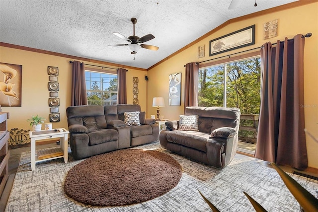 living area with a textured ceiling, vaulted ceiling, ornamental molding, and ceiling fan