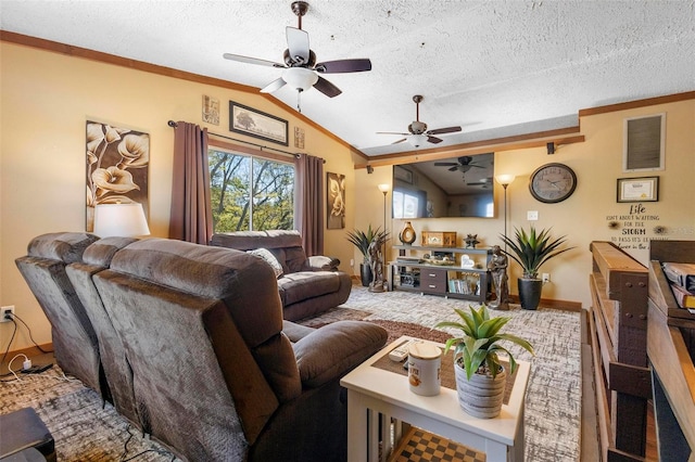 living area with visible vents, ornamental molding, a ceiling fan, a textured ceiling, and lofted ceiling