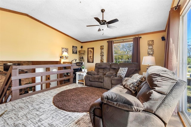 living room featuring lofted ceiling, a textured ceiling, ceiling fan, and ornamental molding