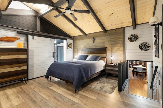 bedroom with wood walls, wooden ceiling, vaulted ceiling with beams, and light wood finished floors