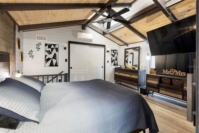 bedroom with visible vents, light wood-style flooring, vaulted ceiling with beams, wood ceiling, and wood walls