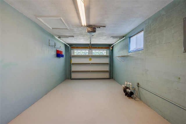 basement with concrete block wall and a garage