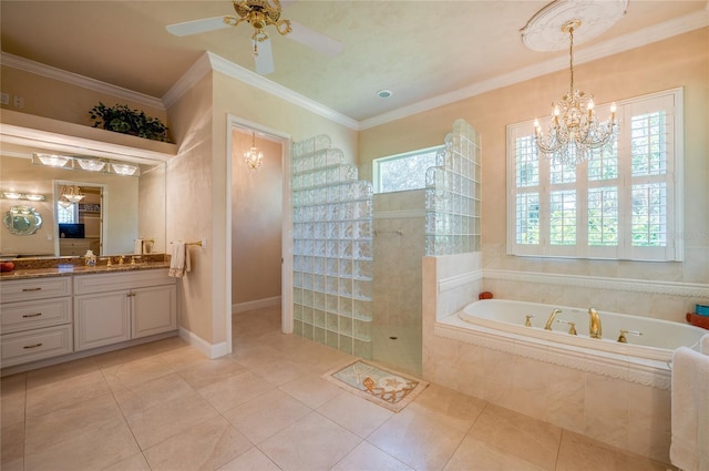 full bathroom featuring vanity, ornamental molding, walk in shower, tile patterned floors, and a bath