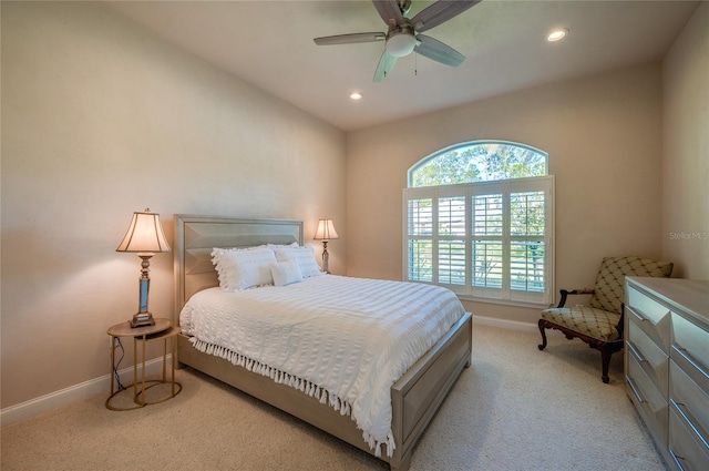 bedroom featuring a ceiling fan, recessed lighting, carpet, and baseboards