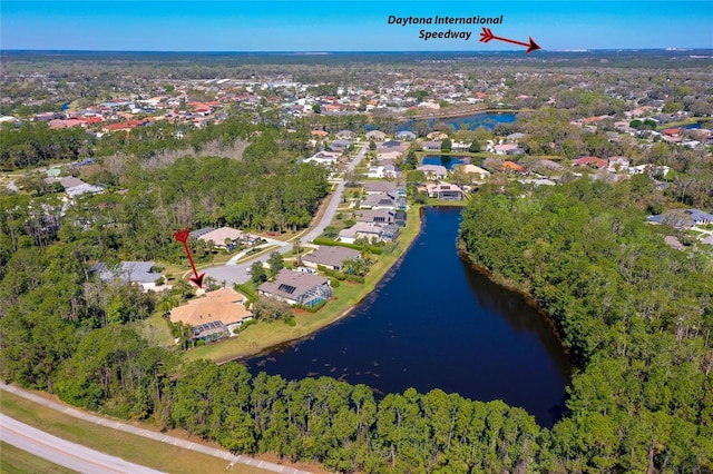 birds eye view of property featuring a residential view and a water view