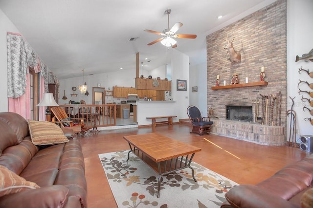 living area with visible vents, high vaulted ceiling, ceiling fan, and a fireplace