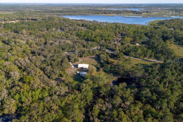 drone / aerial view with a view of trees and a water view