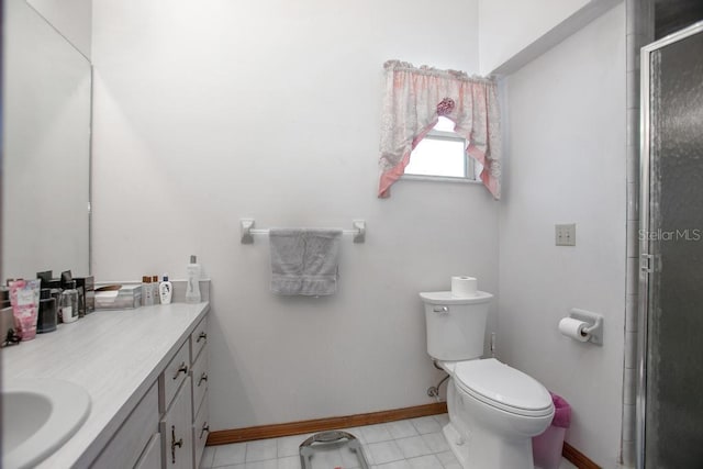 full bath with vanity, toilet, baseboards, and a stall shower