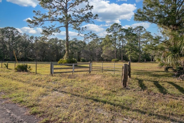 view of yard featuring a gate, a rural view, and fence