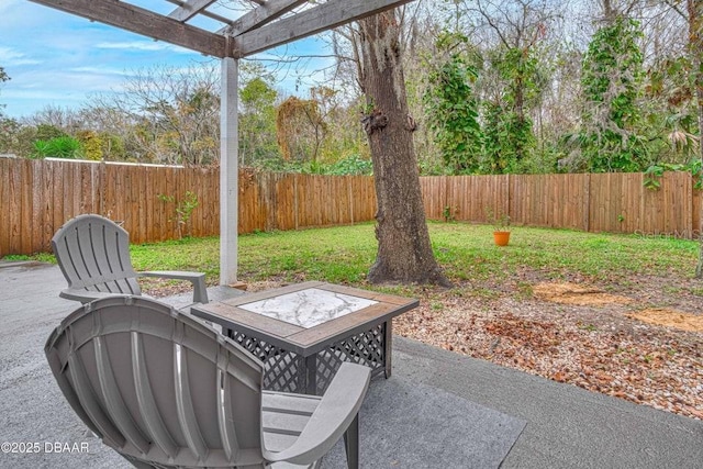 view of patio featuring a pergola and a fenced backyard