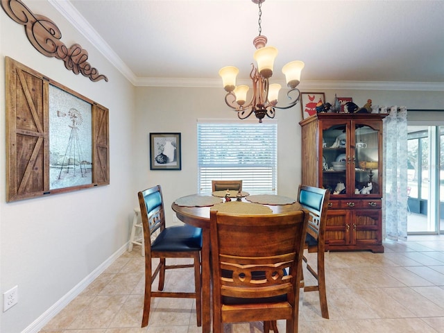 dining area featuring light tile patterned flooring, baseboards, crown molding, and an inviting chandelier