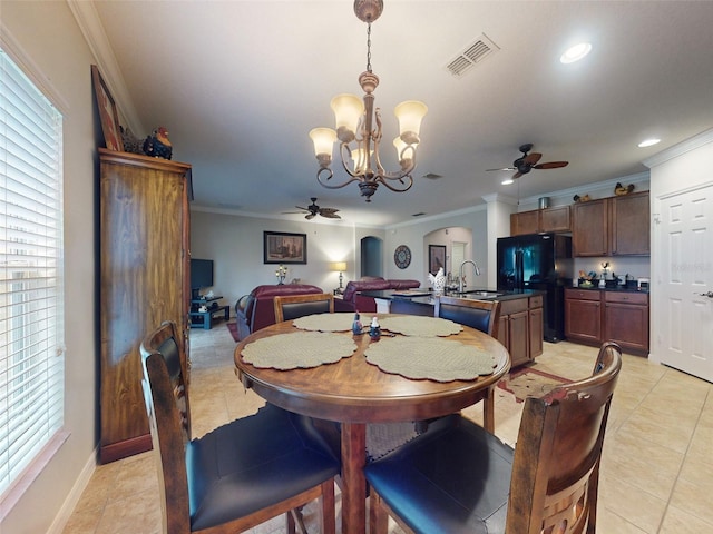 dining space featuring visible vents, ornamental molding, ceiling fan with notable chandelier, recessed lighting, and light tile patterned floors