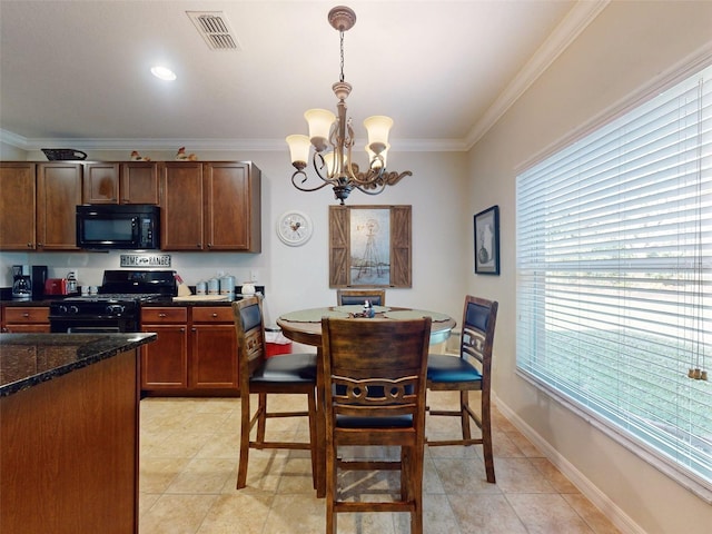 dining room featuring baseboards, visible vents, an inviting chandelier, light tile patterned flooring, and ornamental molding