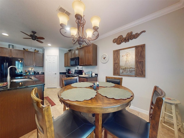 dining room with visible vents, ornamental molding, ceiling fan with notable chandelier, recessed lighting, and light tile patterned floors