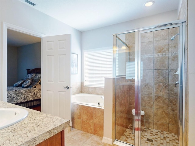 bathroom with a bath, visible vents, a stall shower, and connected bathroom