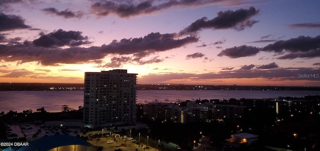 view of water feature with a city view