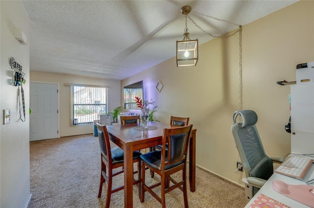 carpeted dining area featuring baseboards and a textured ceiling