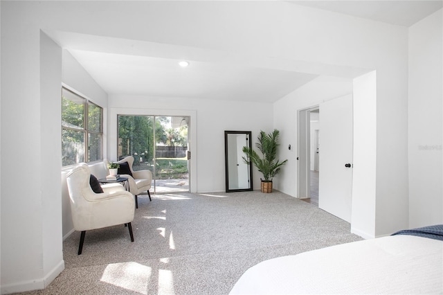 carpeted bedroom with access to exterior and baseboards