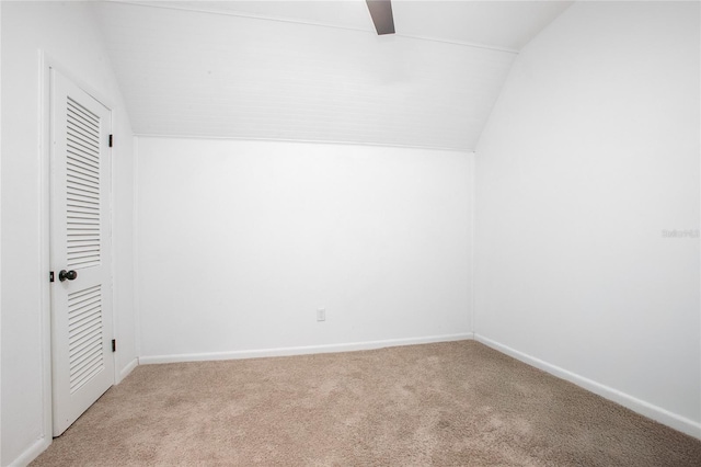 additional living space featuring light carpet, baseboards, and lofted ceiling