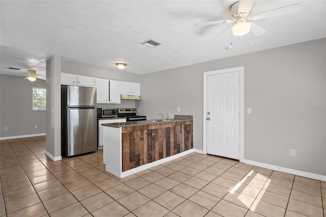 kitchen with visible vents, a peninsula, appliances with stainless steel finishes, white cabinetry, and a ceiling fan