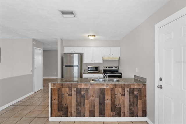 kitchen featuring visible vents, under cabinet range hood, white cabinetry, stainless steel appliances, and a peninsula