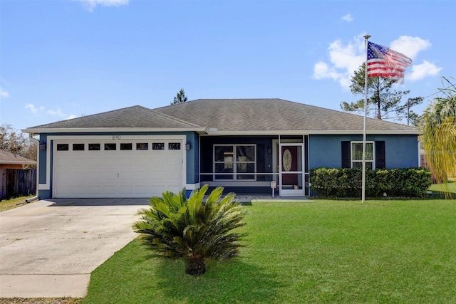 single story home with a front yard, an attached garage, a shingled roof, stucco siding, and concrete driveway