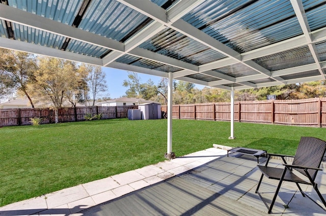 view of patio featuring an outdoor structure, a fenced backyard, and a shed