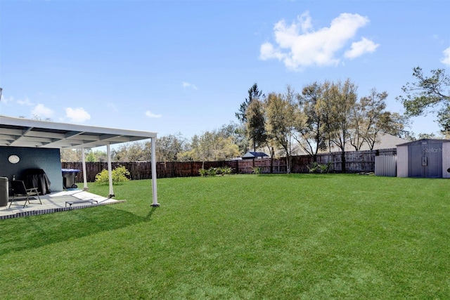 view of yard with a storage shed, a fenced backyard, an outdoor structure, and a patio