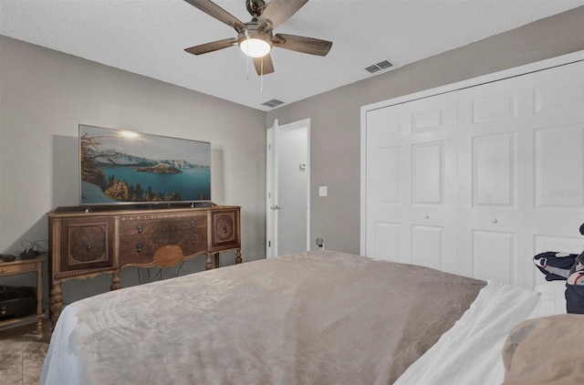 bedroom featuring a closet, visible vents, and ceiling fan