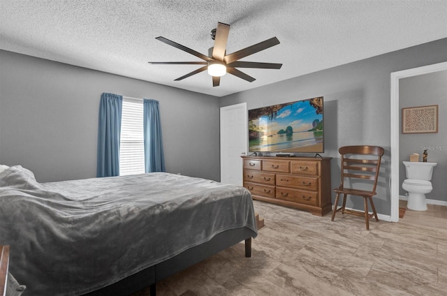 bedroom with baseboards, a textured ceiling, and a ceiling fan