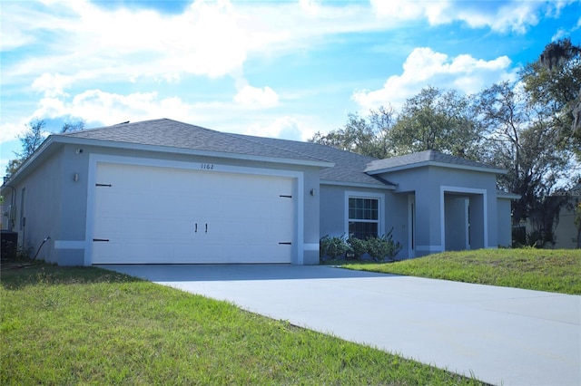 single story home featuring driveway, roof with shingles, stucco siding, a front lawn, and a garage