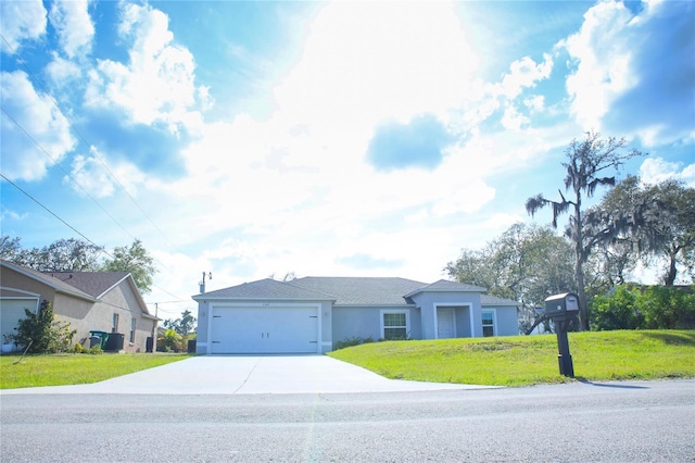 single story home with stucco siding, driveway, an attached garage, and a front yard