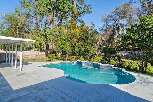 view of pool featuring a patio area, fence, and a fenced in pool