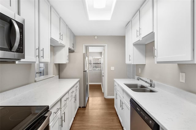 kitchen featuring a sink, dark wood-type flooring, white cabinetry, and stainless steel appliances