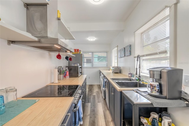 kitchen with stainless steel appliances, a sink, wood counters, extractor fan, and wood finished floors