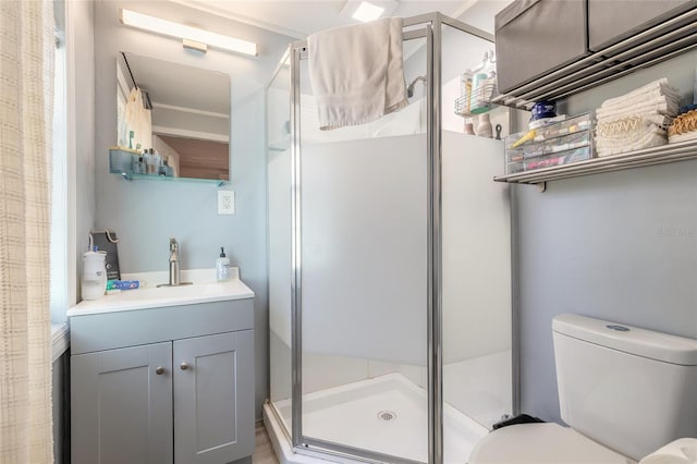 bathroom featuring toilet, vanity, and a shower stall